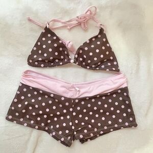 Polka Dot Triangle Bikini Top with Matching Swim Shorts - Pink & Brown